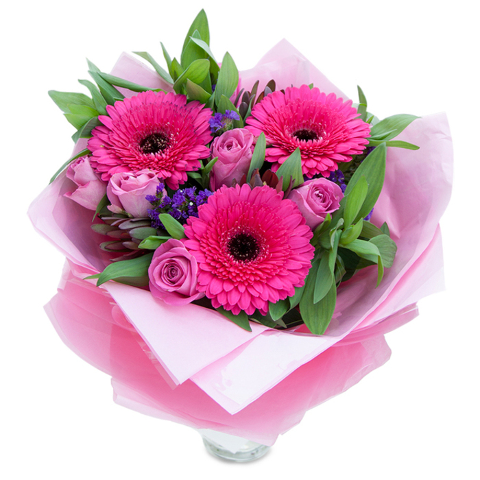 Soft, clean light against a white backdrop highlights the playful yet graceful character of this arrangement. Three striking fuchsia Gerbera daisies stand proudly at the heart of the bouquet, their vivid petals arranged in precise rings around deep, dark centres that anchor the eye. Surrounding them, several roses in a dusty lavender-pink tone appear freshly cut and tightly budded; their velvety curves invite touch and release a gentle floral scent that speaks of traditional romance. Sprigs of small purple statice are tucked between the larger blooms, lending a papery texture and cool violet notes that balance the warmth of the pinks. A generous sweep of greenery - broad salal-style leaves mixed with eucalyptus-like stems - creates a verdant backdrop and a sense of garden-fresh abundance. The bouquet is lovingly wrapped: a soft pale-pink tissue inner layer forms a cushion, while an outer sheet of translucent fuchsia-pink cellophane, slightly crinkled, catches the light and ties the palette together. The wrapping is folded with care so the top rim of a clear glass vase is visible beneath, indicating the arrangement is ready to be displayed. This composition has a comforting, celebratory air - ideal for marking birthdays, anniversaries or simply saying thank you - and would arrive as a bright, fragrant presence on a dining table in Lea Bridge or as a cheery gift for someone strolling near Hackney Marshes.