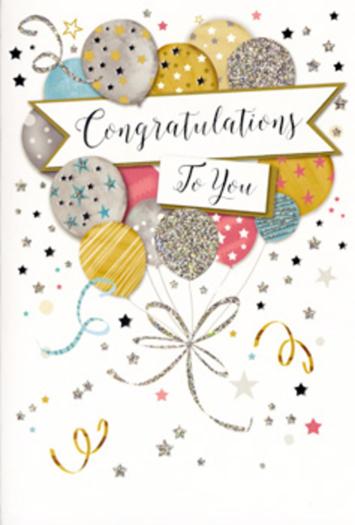The image shows an elegant congratulations card propped upright, designed with the kind of thoughtful detail that pairs beautifully with a celebratory bouquet arriving in Lea Bridge. At the heart of the card, a generous cluster of round balloons floats upward, drawn in harmonising shades of warm gold, cool silver, soft champagne, sky blue, rosy pink, and a calm dove grey. Each balloon carries its own delicate decoration: some are dusted with sparkling star motifs, others with fine stripes or irregular speckles suggesting glitter, all combining to create a sense of depth and movement. Their strings swoop gracefully downward in intertwined gold and silver lines, like loosely curled ribbon ends trailing from a hand-tied arrangement. Around this central feature, the pale background is animated with metallic stars, tiny dots, and swirling confetti curls, giving the subtle impression of a surprise party just beginning, perhaps after a walk along the River Lea or an evening gathering at home. Cutting across the centre of the balloons, a pale banner unfurls, bearing a refined message of congratulations in classic, flowing script. The lettering appears slightly glossy, hinting at a textured finish that would feel smooth and raised beneath your fingers. The palette remains soft yet celebratory, avoiding loud colours in favour of understated glamour, similar to a bouquet styled in neutrals with a hint of sparkle for a graduation, promotion, or special success. The card radiates warmth and admiration, making it an ideal companion for a florist-delivered gift, whether you are honouring exam results, a new job, or a milestone moment for someone you care about in the Lea Bridge community.