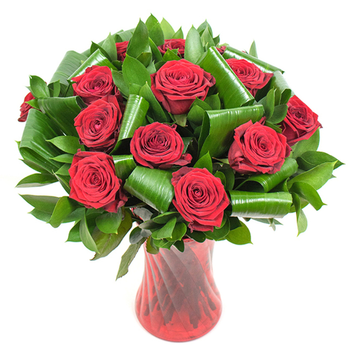 Rich, velvety crimson roses form the heart of this arrangement, with roughly a dozen blooms opened to full, opulent perfection. Each rose presents concentric, tightly wound petals that unfurl with a plush, tactile quality; the petals' deep red tone shifts subtly beneath soft, even illumination, producing a sense of depth and luxurious texture. Surrounding and accenting the roses is an abundant, layered framework of dark green foliage: small glossy leaves create a verdant, supportive backdrop while larger, glossy green blades-folded and rolled into architectural cylinders and loops-add sculptural movement and modern refinement. These manipulated leaves cradle the blooms and introduce elegant arcs that direct the eye upward toward the bouquet's crown. The flowers are displayed in a slender, translucent ruby-red glass vase whose faintly twisted, ribbed surface creates vertical highlights and reflections that harmonise with the roses' passionate colour. The vase's tapered silhouette and flared mouth provide a graceful counterpoint to the rounded mass of blooms. Set on a plain white background, the arrangement's colours and textures are isolated with crisp clarity: the velour petal surfaces, glossy leaf sheens, and glass reflections are all easy to read even from a distance. The image evokes a warm, classic romance and the quiet ritual of giving: the scent of roses imagined as soft and enduring, the composition feeling right for anniversaries, Valentine's Day, or a thoughtful, intimate gift. It evokes the kind of floral work created by local East London florists for deliveries around Lea Bridge Road, Hackney Marshes, or the quiet terraces of Leyton, where simplicity and refinement are prized.