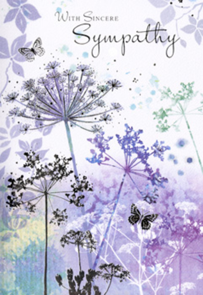 This sympathy card captures a tranquil, almost meditative beauty, like pausing for a quiet moment by the River Lea when the air is still and the light is soft. Tall, slender wildflowers with umbelliferous heads arch gracefully upward, their stems as fine as pencil lines, their filigree blossoms painted in layered tones of violet, lilac, and powder blue. Each bloom appears etched with care, tiny spokes and clustered florets forming intricate patterns that celebrate nature's quiet endurance. Behind them, the background melts into softly blurred washes of lavender, blue-grey, and pale green, similar to mist hanging over the towpath near Lea Bridge in the early morning. Two butterflies hover above the wispy petals, their wings only gently shaded, almost transparent, suggesting the delicate presence of hope and continuity in the midst of sorrow. The light is diffuse and forgiving, with no sharp shadows, creating a sense of gentleness and space to breathe. Nothing about the design feels crowded or insistent; instead, the flowers seem to sway in slow motion, inviting a pause for reflection. When people visit our Lea Bridge flower shop to choose something meaningful for a funeral or remembrance, they often seek this same mood: tender, respectful, and deeply human. This card mirrors that wish, offering more than printed words. It becomes an invitation to remember and to feel, pairing beautifully with a softly coloured sympathy bouquet delivered to a family home or local chapel. Every line and wash of colour feels like it has been placed with care, honouring both the person who has passed and those who are quietly grieving.