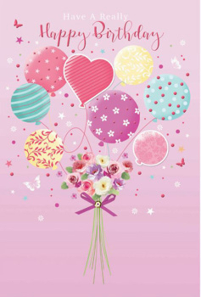 Detailed birthday card illustration showing a hand-tied bouquet seemingly carried upward by floating balloons, reminiscent of a joyful celebration unfolding around Lea Bridge. The background is a soft, powdery pink, creating a gentle stage for the design, similar to the muted tones of early light over local terraces. A loose cluster of balloons rises from the centre, drawn in graceful, rounded shapes. Their colours range from pale sunshine yellow to rosy fuchsia, lavender, mint, and sea green, each blending smoothly into the next. Some balloons are adorned with swirling stripes and playful polka dots, while others carry dainty floral motifs and tiny stars. Together they form a pastel canopy, suggesting buoyant happiness and movement. Anchored below them is a small garden-style bouquet with petite roses and daisy-like flowers, their petals softly shaded from cream to blush and deeper rose tones. The blossoms look freshly gathered, as if an experienced Lea Bridge florist had just tied them with a sparkling purple ribbon, snug at the stems. Light appears to flow across the illustration, picking out subtle highlights on the balloons and catching on the curved petals, giving the whole arrangement a luminous, almost three-dimensional feel. Small butterflies and decorative accents flit around the balloons, adding to the sense of daydream-like celebration, like watching petals and paper decorations swirl in the breeze at a birthday picnic near Millfields Park. The artwork radiates gentle jubilation and conveys the feeling of a carefully considered floral birthday gift, ready to be shared with someone cherished in Lea Bridge.