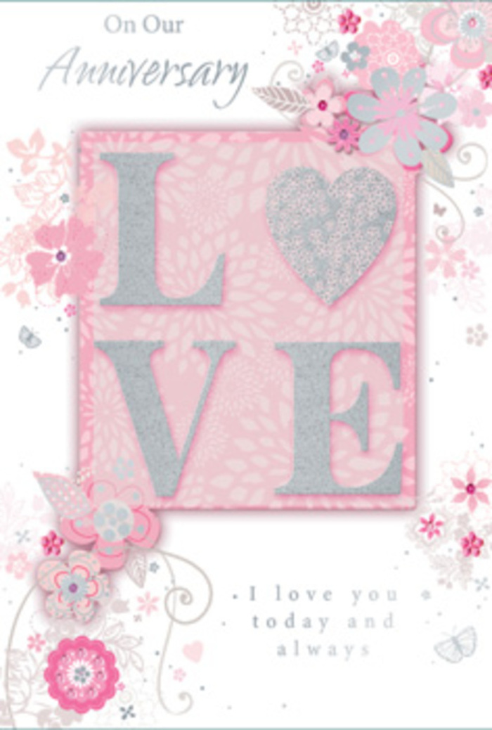 The anniversary card in the image unfolds like a calm, sunlit moment, inviting a slower, more thoughtful gaze. Across the centre stretches the word LOVE, printed in clear capital letters and finished with an elegant frost of glitter, the raised texture catching the light the way petals do in the windows of Lea Bridge's local florists. The glitter is subtle, not overpowering, and its silvery shimmer dances softly against the blush-toned background, giving the card a soft glow reminiscent of late-afternoon light over Millfields Park. Surrounding this central motif, wispy, hand-drawn blooms seem to drift along the borders, their petals shaded in muted pinks, lilacs, and creamy ivory. Slender stems and delicate leaves curl between the blossoms in fine, almost calligraphic lines, suggesting the careful hands of a florist arranging a bouquet stem by stem to celebrate an anniversary at home near Lea Bridge station. Small, almost-hidden butterflies and tiny flourishes of filigree are scattered through the design, like quiet symbols of gentle heart-flutters and new memories still to be made. Nestled beneath or alongside the main motif, the phrase I love you today and always is rendered in a graceful, understated typeface, its simplicity echoing the honest, everyday devotion that anniversaries often honour. The soft colour palette and gentle composition together create a sense of calm intimacy, as if this card were a hand-tied bouquet translated into paper-delicate, balanced, and deeply personal, ready to be paired with fresh flowers delivered to a doorstep in Lea Bridge.