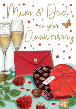 This romantic anniversary card illustration captures the feeling of a lovingly prepared celebration, the sort of scene you might find after a surprise delivery to a home off Lea Bridge Road. At the forefront, two sumptuous red roses rest on a smooth tabletop, their petals lush and velvety, the kind of deep ruby tone that speaks of devotion and admiration. Their glossy green leaves curl naturally around them, adding texture and life. Just beside the blooms sits a heart-shaped box of chocolates, luxuriously tied with a broad red bow whose satin tails spill gracefully over the edge. The lid is open to reveal an inviting selection of chocolates, each truffle perfectly shaped and arranged, suggesting shared bites and soft laughter. Two champagne flutes rise from the setting, slim stems leading to bowls filled with pale golden bubbles, the fizz catching the light in a way that hints at evening toasts and anniversary wishes. Around the scene, tiny red and gold hearts drift across the background, surrounding affectionate scripted wording for "Mum & Dad", giving the image a gentle, family-centred warmth. A bright scarlet envelope lies nearby, hinting at a heartfelt message written in careful, personal handwriting. The lighting is soft and flattering, as if illuminated by a nearby lamp in a Lea Bridge living room, giving the whole tableau a cosy, intimate glow. It feels like a moment suspended in time, a visual promise of shared treats, fragrant flowers, and a quietly meaningful celebration between parents who have journeyed together for many years.