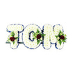 A solemn, handcrafted tribute that spells TOM in three-dimensional, pillowy letters made entirely of pristine white chrysanthemums. Each letter is densely clustered so the tiny petals read as a soft, cloud-like surface; the chrysanthemums lend a muted matte texture that feels soothing to the eye. Around every crisp contour a royal blue ribbon traces the edges, its satin sheen providing a cool, dignified outline against the white blooms. Set into the centre or lower third of each letter is a balanced spray of accent flowers: a single deep, velvety red rose anchors each cluster, surrounded by small creamy ivory spray roses and feathery fern fronds that thread gentle verdant lines through the composition. A low, dark green metal framework and a thin horizontal support sit discreetly beneath and behind the letters, visible only at the base and giving the arrangement its upright stance. The lighting is soft and even, the clean white background removing distraction so the textures, contrasts and quiet colours stand forward - the cool blue, pure white and solemn red speak of dignity and remembrance. There is a faint, respectful scent of rose beneath the green notes of fern; the overall mood is calm, consoling and reverent. As a locally made funeral tribute, it would carry well to nearby venues across Lea Bridge - from chapel services near Lea Bridge Road to graveside farewells by Springfield Park - offering a personalised, expressive gesture that honours a life with elegance and restraint.