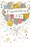 In this image, a refined congratulations card stands upright, radiating the gentle joy of a milestone moment being marked in Lea Bridge. A bouquet-like cluster of round balloons forms the focus, illustrated in softly glowing hues of gold, silver, champagne, powder blue, blush pink, and misty grey. Each balloon carries its own personality, with details of twinkling stars, fine stripes, and tiny glitter-effect dots that create a sense of shimmer, as though catching the light from a nearby window over Lea Bridge Road. The balloons are bound together by elegant, curling ribbons in gold and silver, which taper downward in graceful loops, evoking the feel of decorative ribbon trails on a beautifully wrapped gift or hand-crafted floral arrangement. Scattered around the balloons and ribbons, small metallic stars, confetti flecks, and curving streamers drift across a soft, neutral background, suggesting the airy excitement of a party in full swing. Across the centre, a smooth banner stretches from side to side, gently curving as it bears the words of congratulations in stylish, flowing calligraphy that feels heartfelt yet sophisticated. The imagined texture is rich with contrast: smooth card stock, glossy lettering, and slightly raised metallic accents that might catch under a fingertip. The overall effect is uplifting but not overpowering, perfect for honouring achievements like a promotion, a new chapter, or exam success. Whether paired with fresh flowers arriving at a home near Millfields Park or an office nearby, this card visually captures the essence of pride, celebration, and warm wishes shared with someone who has truly earned them.