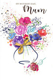 Warm, expressive Mother's Day card illustration showing a vivid watercolour bouquet that looks freshly imagined by a Lea Bridge florist between arranging real blooms. The central flowers are rendered in layers of rich purple, playful pink, vibrant red and soothing blue, with hints of apricot and soft green peeking through, creating a full, rounded cluster that suggests roses and mixed garden blossoms without strict realism. Delicate golden strokes edge many of the petals and leaves, catching the light as if the paint itself were reflecting the afternoon sun that often spills across nearby Millfields Park. The bouquet rises from a gently curved vase at the base, painted in pale neutral washes and finished with an elegant gold bow that evokes the soft rustle of ribbon tied around a hand-delivered bouquet. Surrounding the main arrangement, scattered flecks of colour, tiny hearts and wispy splatters drift outward, like petals shaken loose on a breezy walk along the River Lea. The background is predominantly white and uncluttered, allowing the colours to stand out with an airy, almost floating quality, as though the flowers are held in a moment of pure emotion. Every brushstroke feels intentional yet free, mirroring the mixture of spontaneity and care that goes into choosing flowers for a much-loved mum. The overall image conveys a sense of joy, tenderness and celebration, making it an ideal Mother's Day card for families in Lea Bridge who want to send a message that feels both artistic and deeply heartfelt.