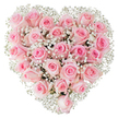 A perfectly formed heart of flowers fills the frame - dozens of soft pink roses nestled so closely together their velvety petals create a plush, blushing surface. Each rose ranges from a pale, whisper-of-blush at the outer petals to a slightly deeper, warm rose tone toward the centre; some blooms sit as delicate tight buds while others have begun to unfurl, revealing the intricate spirals of their inner petals. Scattered throughout like miniature clouds, fine sprays of white baby's breath (Gypsophila) weave through the roses, their tiny star-like blooms catching the light and giving the composition an airy, lace-like softness that brightens the pale pinks. The arrangement is photographed against a clean white background under bright, even lighting that highlights dewy textures and the subtle play of shadow between petals, making the heart shape read clearly and elegantly. As a florist would note, the dense packing and symmetrical placement of each blossom create a tactile, almost cushiony effect that invites touch and quiet admiration. Emotionally the piece reads as a gentle declaration: romantic, tender, and composed with intent for anniversaries, intimate weddings, or a thoughtful Valentine's gesture. There is a quiet London sensibility here too - imagine this small, perfect heart sent across Lea Bridge Road on a soft morning, its scent a faint, sweet companion to a walk beside the River Lea or through nearby Walthamstow Marshes. The overall impression is one of careful craft, freshness, and enduring tenderness, a floral language that speaks directly to love and remembrance.