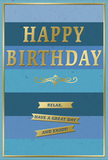A beautifully composed birthday card stands as the focus of this image, its design built around calming layers of blue and sophisticated accents of gold, like a quiet celebration tucked away from the traffic of Lea Bridge Road. The background features broad, horizontal stripes that move gently from dark to light: deep navy at the top gradually transitions into cooler, mid-range blues and finally into a soft, airy sky blue near the bottom. This gradation creates a tranquil, almost meditative depth, similar to watching clouds drift above the River Lea. Set firmly in the middle of these blues, the phrase HAPPY BIRTHDAY appears in embossed, metallic gold capitals. The raised letters catch any light in the room, adding a touch of sparkle and texture that you might feel under your fingertips, offering sensory contrast to the smoother, matte background. Beneath the central greeting curls a graceful golden flourish, a decorative swirl that feels timeless and slightly romantic. Under this flourish, three narrow gold banners are lined up one below the other, each one carrying part of the gentle, encouraging sentiment: Relax, have a great day and enjoy! All of this is encased in a thin frame of gold that runs along the edges of the card, giving the whole piece a polished, almost gallery-like finish. The card's overall effect is one of quiet sophistication and warmth, perfectly suited to sit beside a vase of fresh, locally arranged flowers in a Lea Bridge home, marking a birthday with calm happiness and thoughtful style.