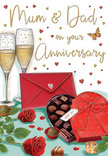 This illustrated anniversary card creates an intimate vignette that feels like a carefully arranged surprise waiting on a table in a Lea Bridge kitchen or lounge. Two luxuriant red roses rest in the foreground, their petals thick and velvety, unfurling in spirals of rich crimson that speak of long-lasting affection. Their deep green leaves, slightly glossy, frame the blooms and add a sense of freshness, as though they've just arrived from a trusted local florist. Nearby, a heart-shaped box of chocolates sits with its lid tipped open, revealing an array of neatly presented truffles, the chocolates' smooth surfaces catching the light. The box is wrapped with a striking red bow, its wide satin ribbon tied in a generous knot that mirrors the softness of the petals. Behind this, two tall champagne flutes stand side by side, stems slender and graceful, filled with pale golden champagne alive with tiny bubbles. The glasses appear poised for a heartfelt toast, perhaps after a peaceful stroll along the River Lea. All around, little hearts in shades of crimson and gold drift across the scene, surrounding the lovingly inscribed words to Mum & Dad, which anchor the card in the context of family love. A scarlet envelope rests to one side, hinting at a handwritten message full of gratitude and shared memories. The overall atmosphere is warm and indulgent, lit as if by soft evening light, capturing the essence of an anniversary celebrated with roses, chocolates, champagne, and the quiet comfort of a long, shared journey.